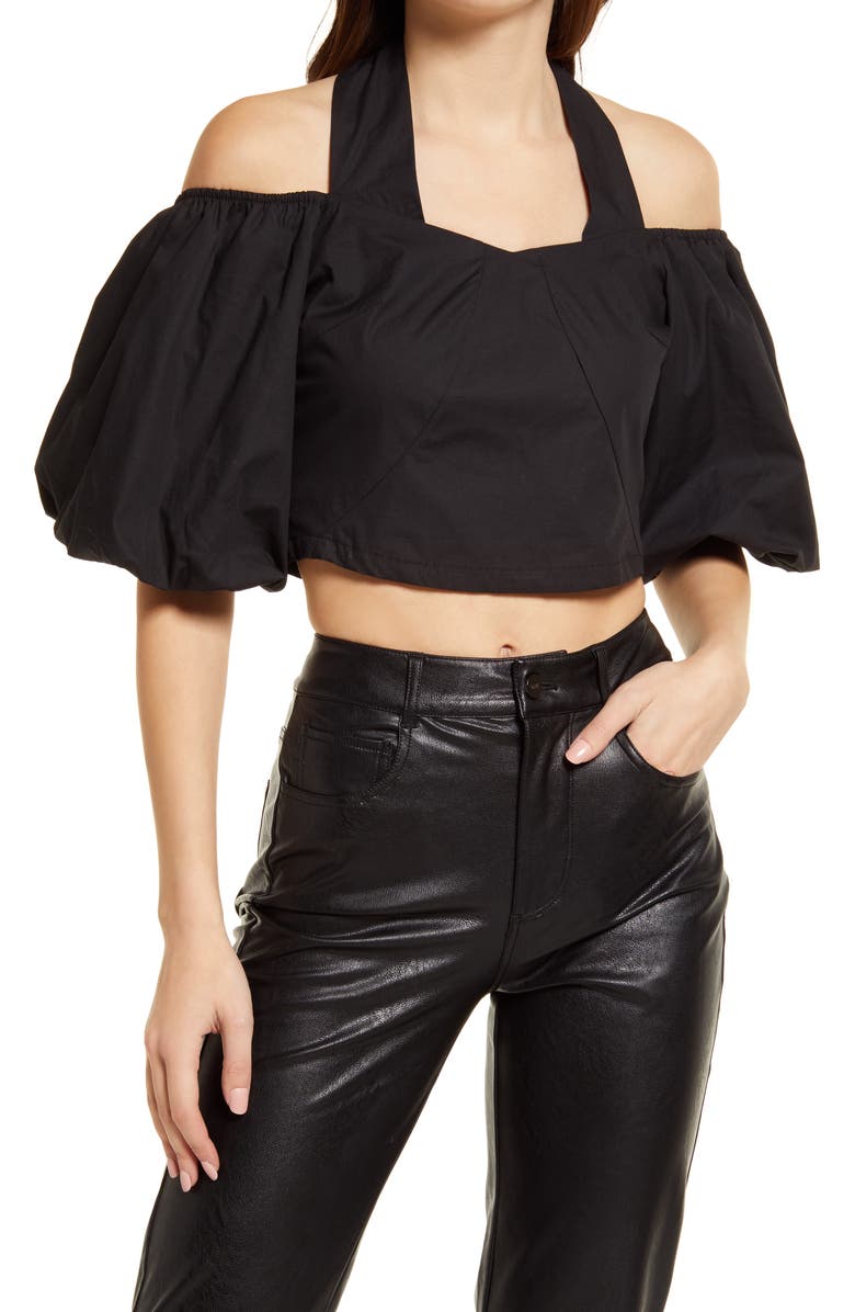 Amy Lynn Halter Neck Puff Sleeve Cotton Crop Top, Main, color,