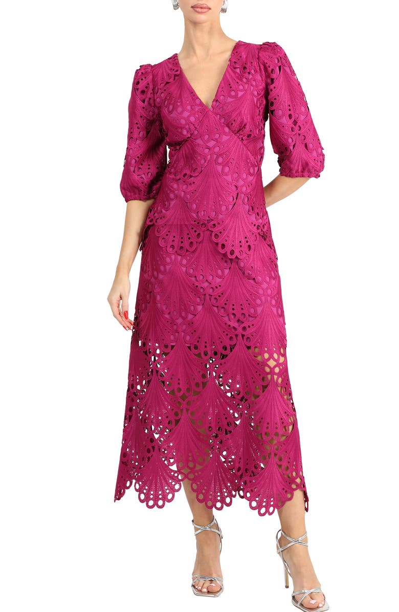 Adelyn Rae Kinsley Puff Sleeve Lace Midi Dress, Alternate, color, Berry