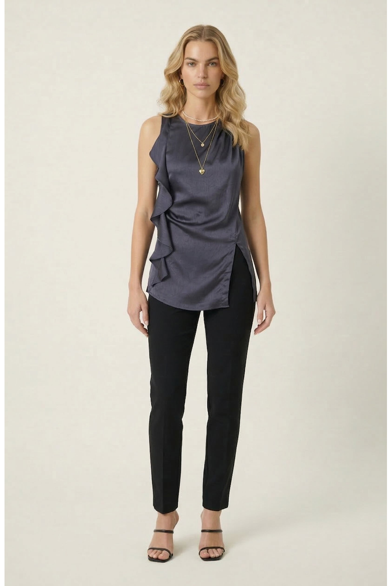 Sleeveless Blouse with Asymmetric Ruffle and Draped Detail, Alternate, color, Charcoal Gray