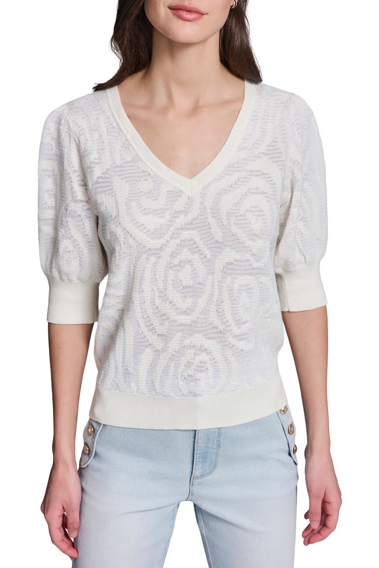 Floral Puff Sleeve Sweater, Main, color, SOFT WHITE