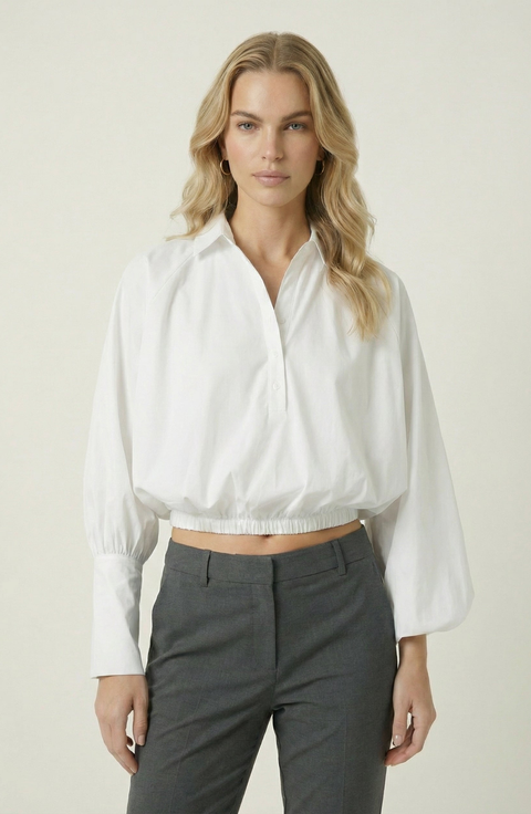 Long Sleeve Cropped Elastic Hem Blouse