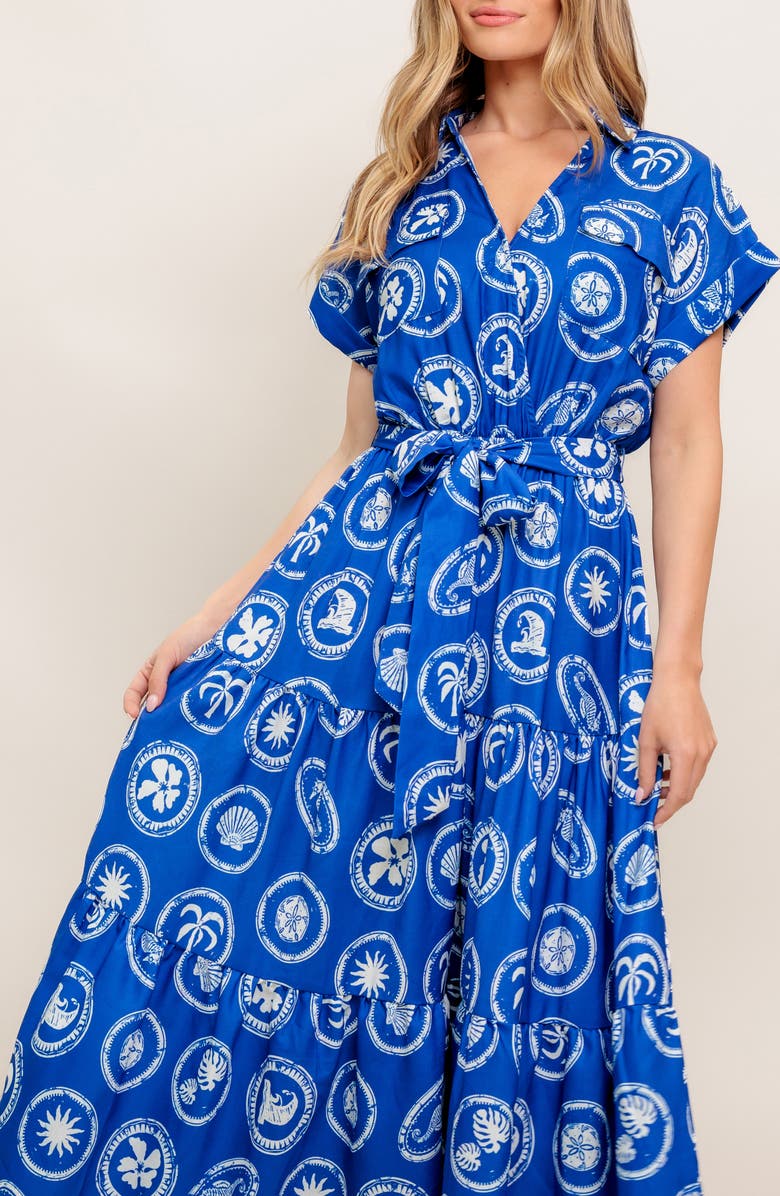 FLYING TOMATO Surplice Neck Midi Dress, Alternate, color, Blue/White