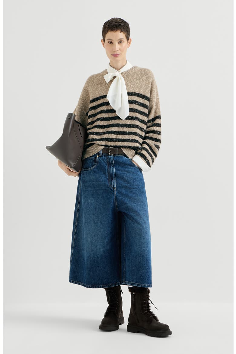 Mouliné soft virgin wool and cashmere sweater with dazzling stripes, Alternate, color, Beige