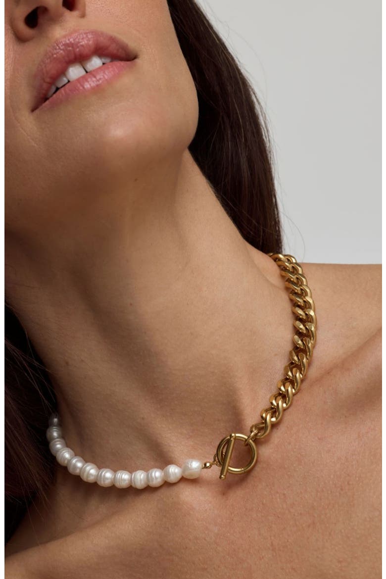 Freshwater Pearl & Curb Chain Toggle Necklace, Alternate, color, WHITE/ GOLD