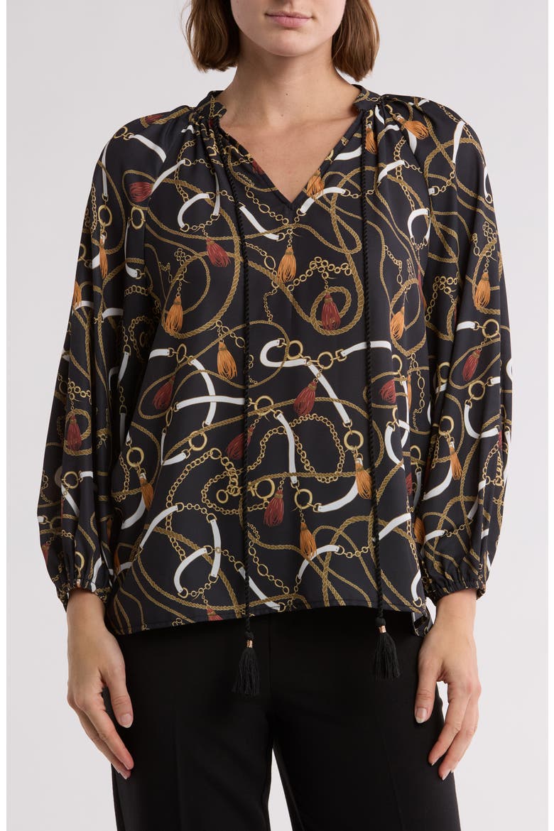 Balloon Sleeve Peasant Top, Main, color, BLACK CHAIN PRINT