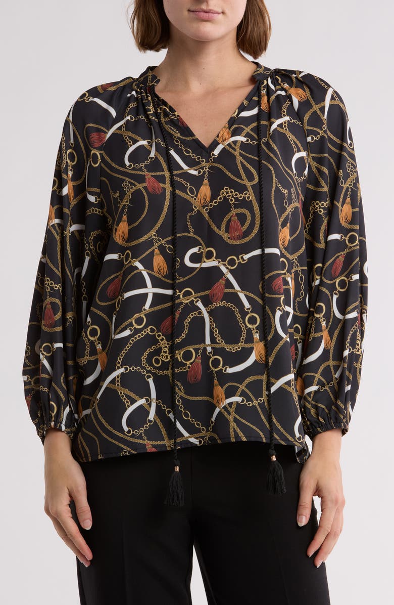 Gemma + Jane Balloon Sleeve Peasant Top, Main, color, Black Chain Print