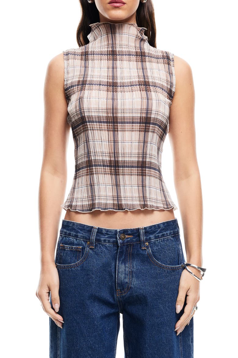 Ford Plaid Funnel Neck Plissé Top, Main, color, TAN PLAID