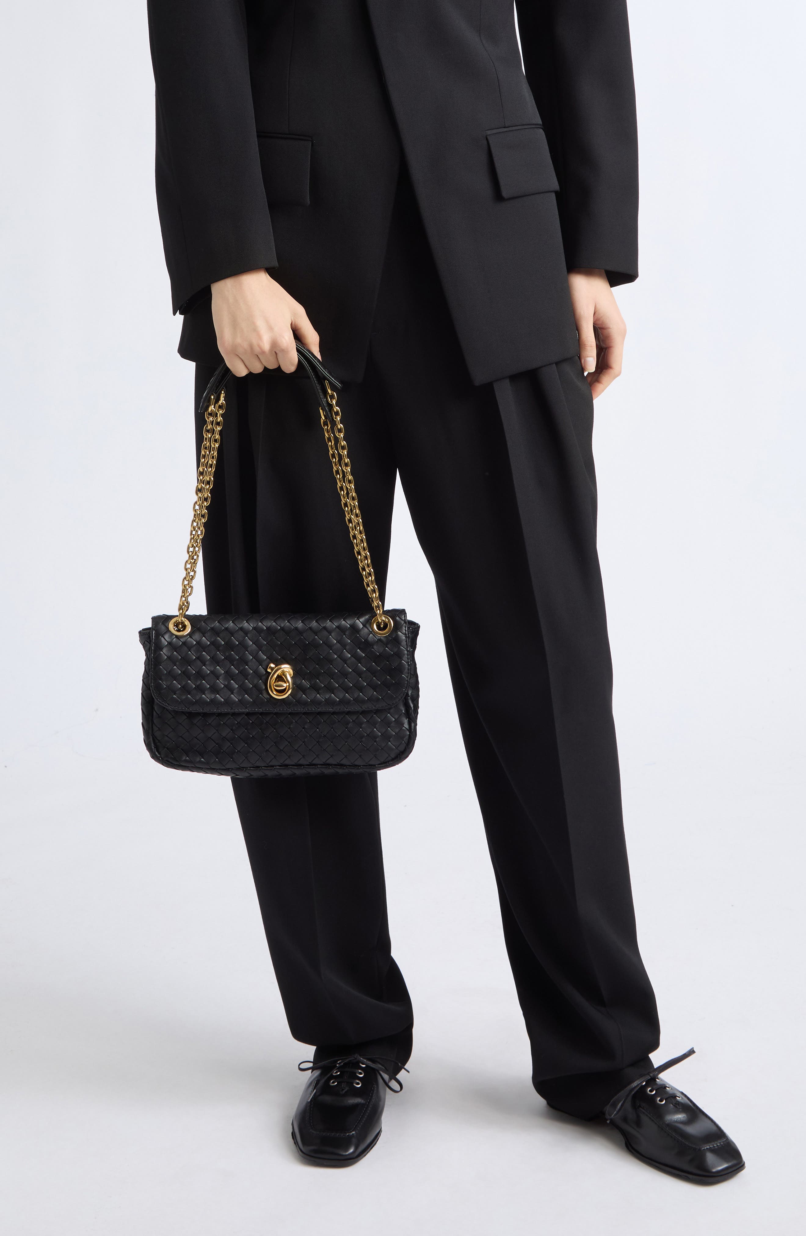 Small Madison Intrecciato Leather Shoulder Bag, Alternate, color, 1019 BLACK-M BRASS