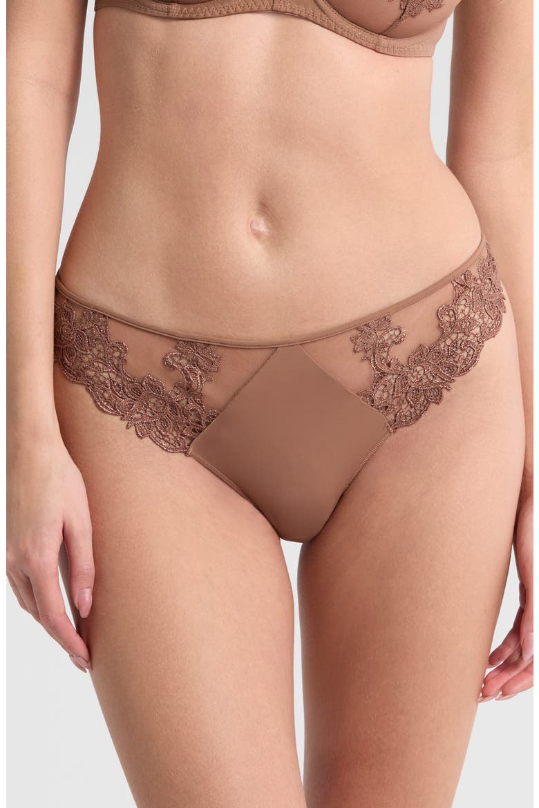 Saga Lace Trim Thong, Main, color, TENDER BROWN