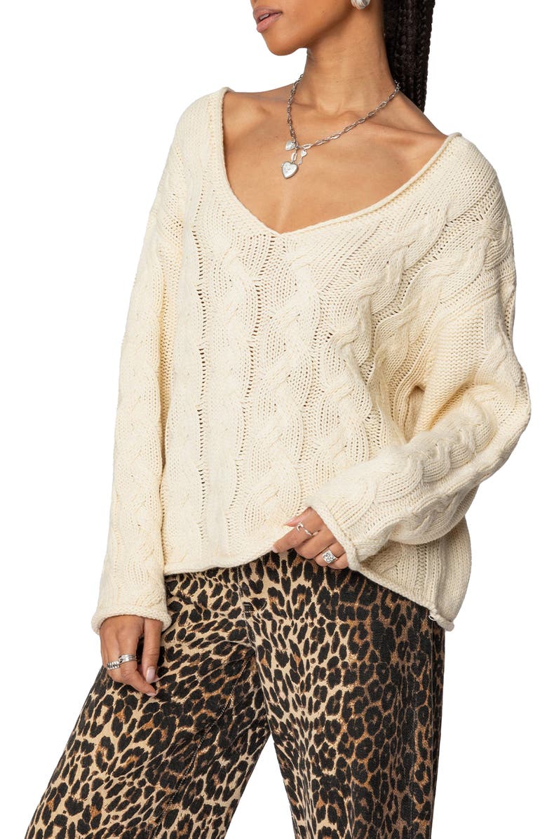 EDIKTED Inga Oversize Cable Stitch Sweater, Alternate, color, Cream