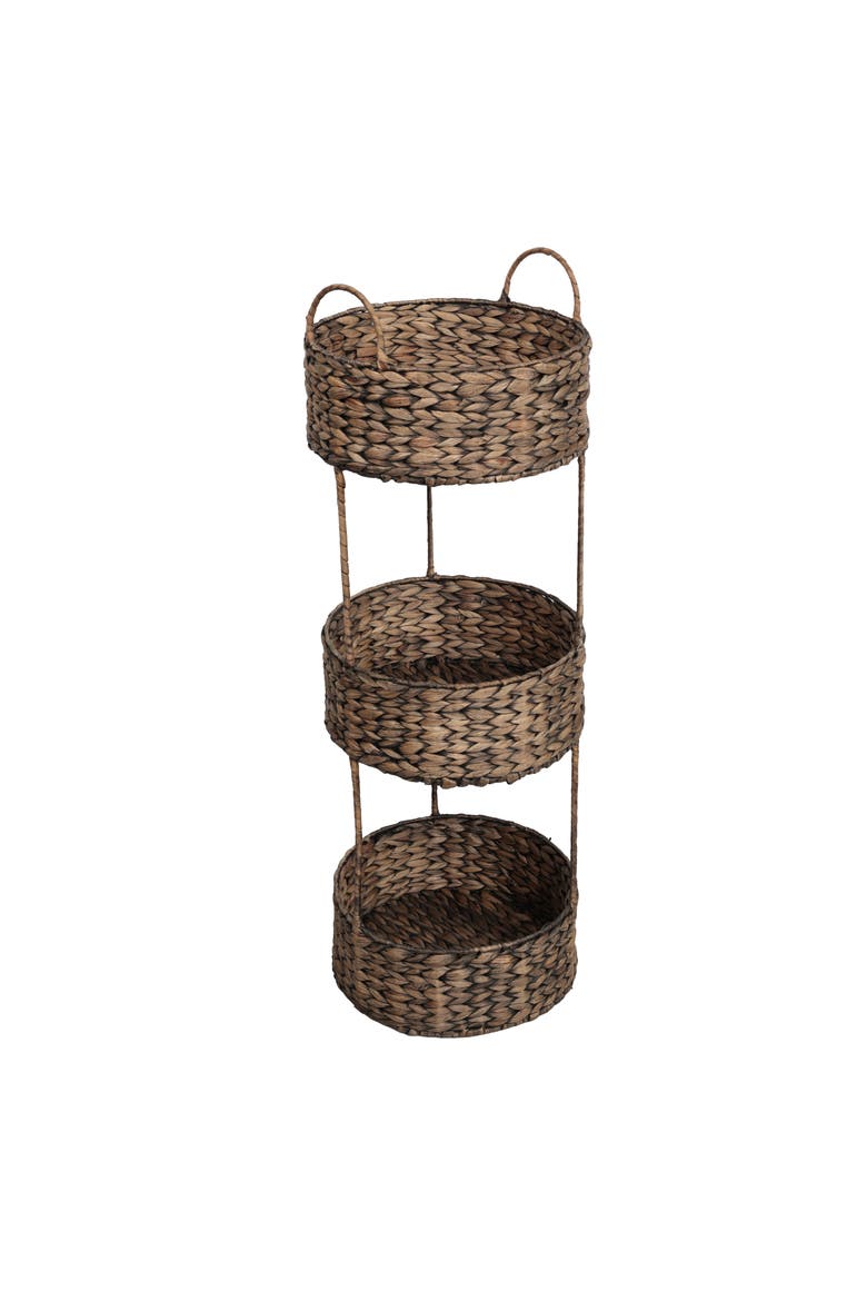 Levity Coastal Handwoven Water Hyacinth 3-Tier Round Freestanding Storage Rack with Metal Frame and Handles, Main, color, Brown