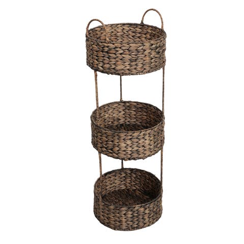 Levity Coastal Handwoven Water Hyacinth 3-Tier Round Freestanding Storage Rack with Metal Frame and Handles