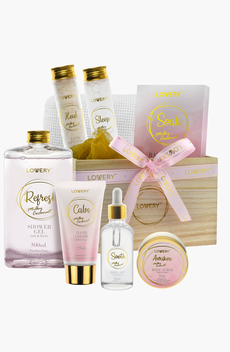 Lovery Milky Coconut Luxury Home Spa Gift Basket, Main, color, Pink / Gold