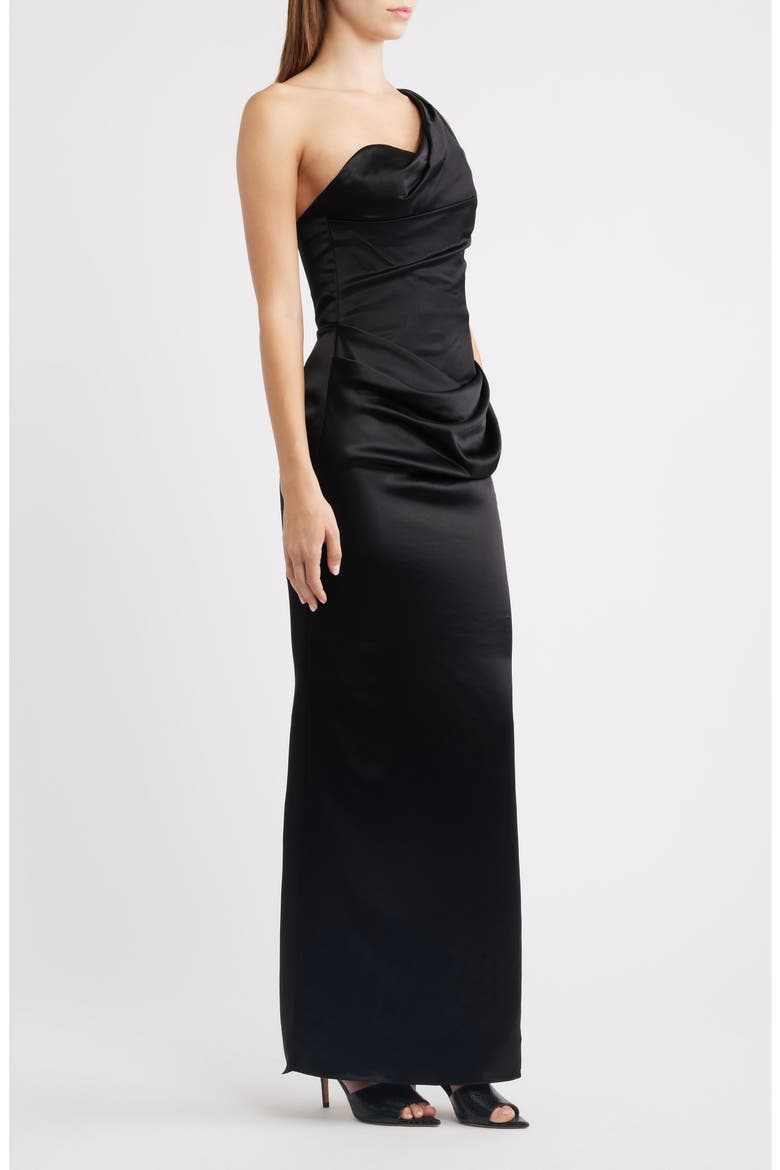 Caprice One-Shoulder Satin Gown, Alternate, color, BLACK