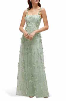 Sequin Embroidered Strapless Tiered Gown