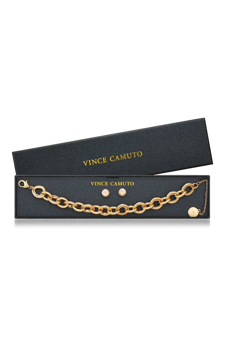 Chain Link Bracelet & Cubic Zirconia Stud Earrings Gift Set, Alternate, color, GOLD