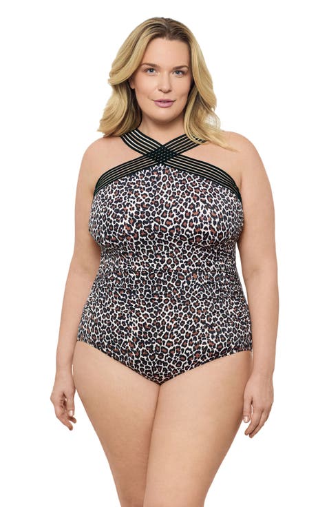 Plus Size Novelty Trim High Criss Cross Neck Full Coverage One-Piece Swimsuit