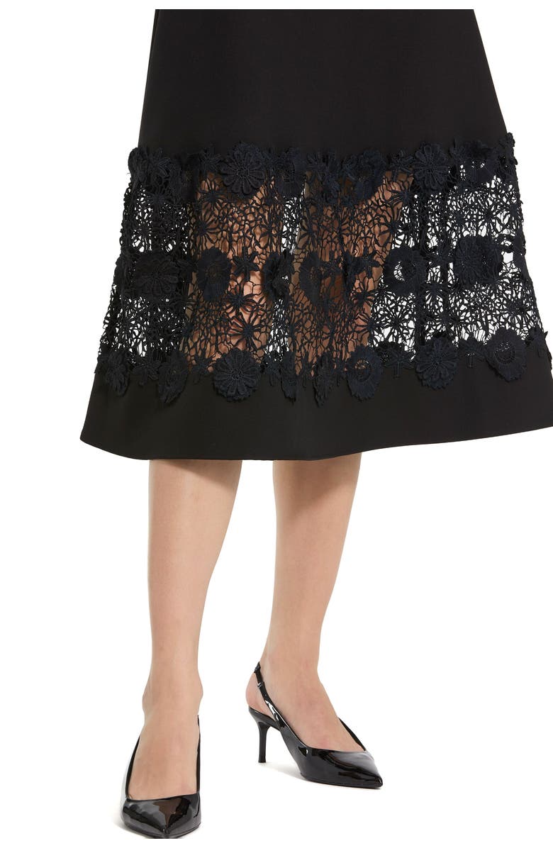 Mac Duggal Crepe Boat Neck Belted Lace Illusion Midi Dress, Alternate, color, Black