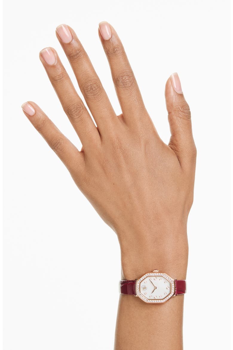 Dextera Mother-of-Pearl Leather Strap Watch, 32mm x 23mm, Alternate, color, RED