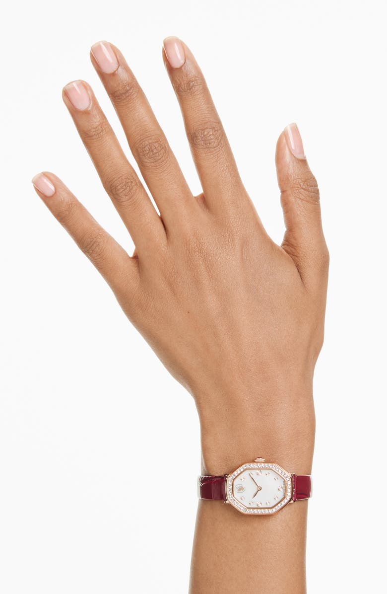Swarovski Dextera Mother-of-Pearl Leather Strap Watch, 32mm x 23mm, Alternate, color, Red