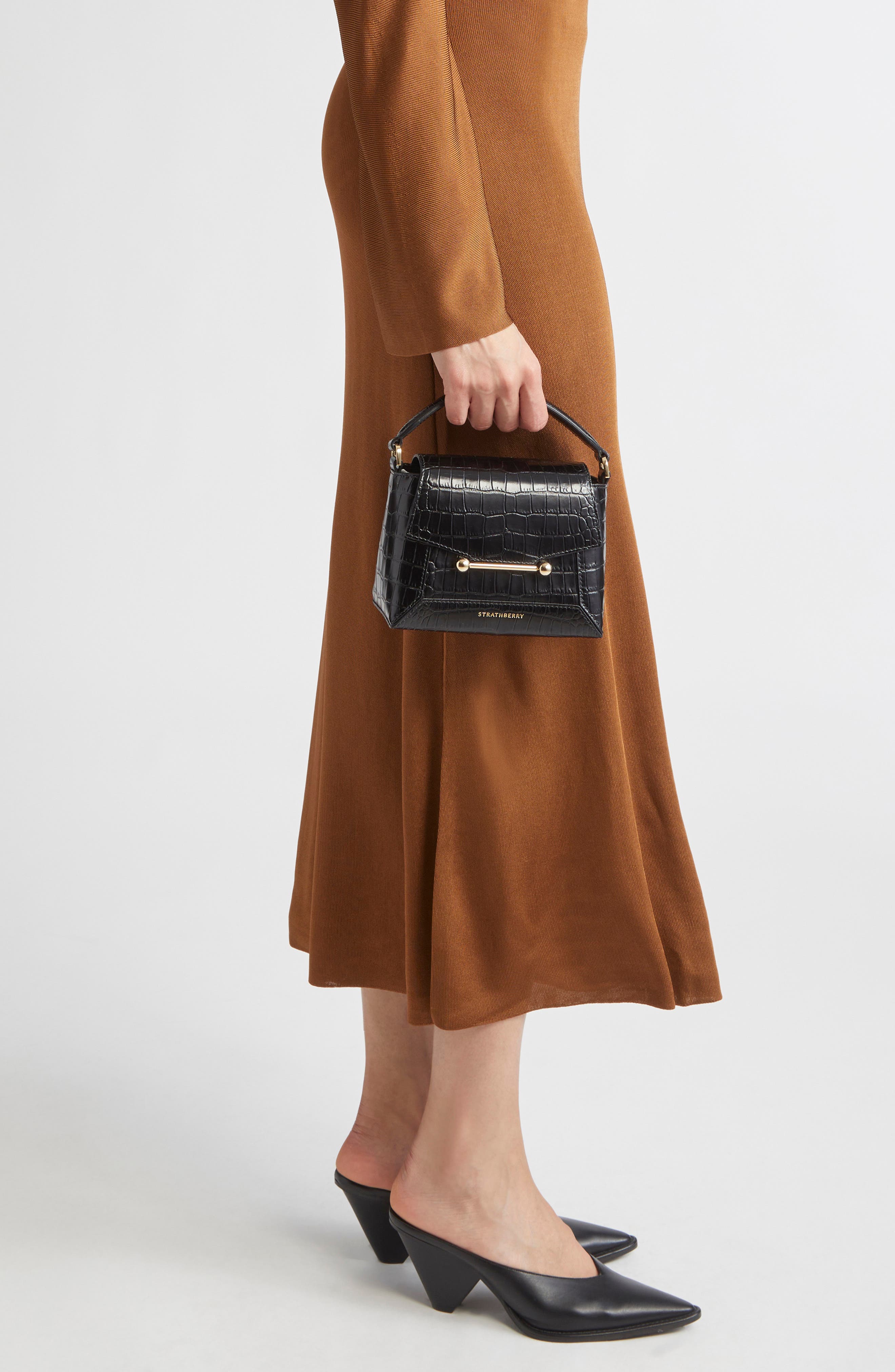 Strathberry Nano Mosaic Croc Embossed Leather Top Handle Bag, Alternate, color, Black