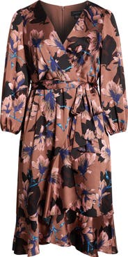 Tahari ASL Floral Long Sleeve Satin Faux Wrap Dress