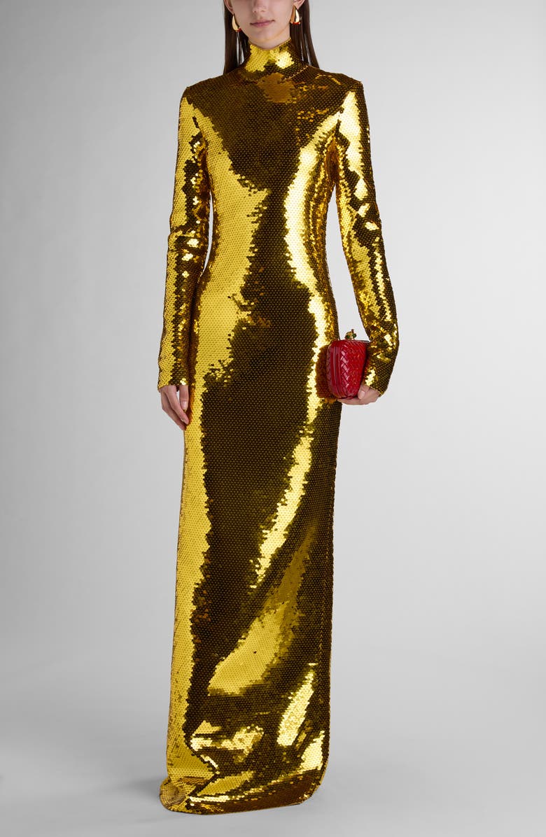 Bottega Veneta Sequin Long Sleeve Knit Gown, Alternate, color, 8480 Gold