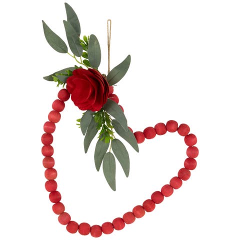 Wooden Beads With Rose Valentine's Day Heart Wall Decoration - 10.25" - Red
