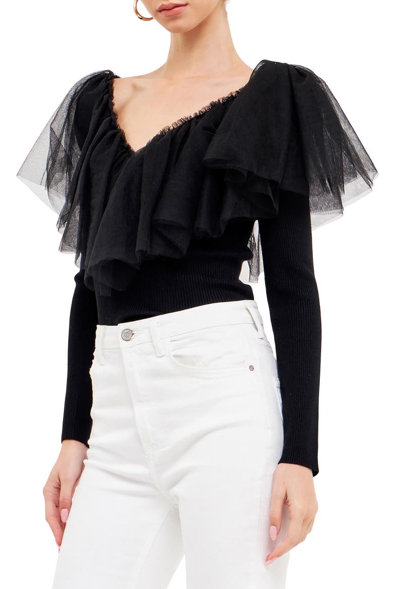 Ruffle Mesh Mixed Media Top, Alternate, color, BLACK