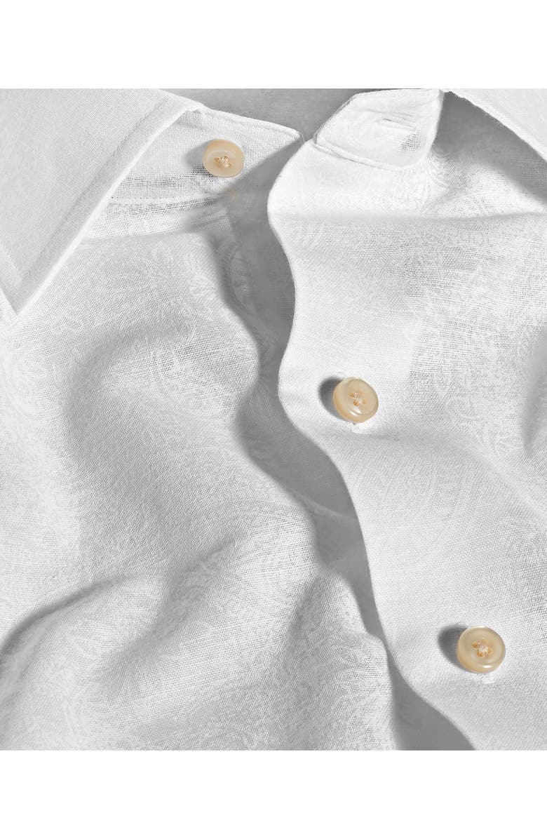 David Donahue Paisley Print Short Sleeve Linen & Cotton Button-Up Shirt, Alternate, color, White