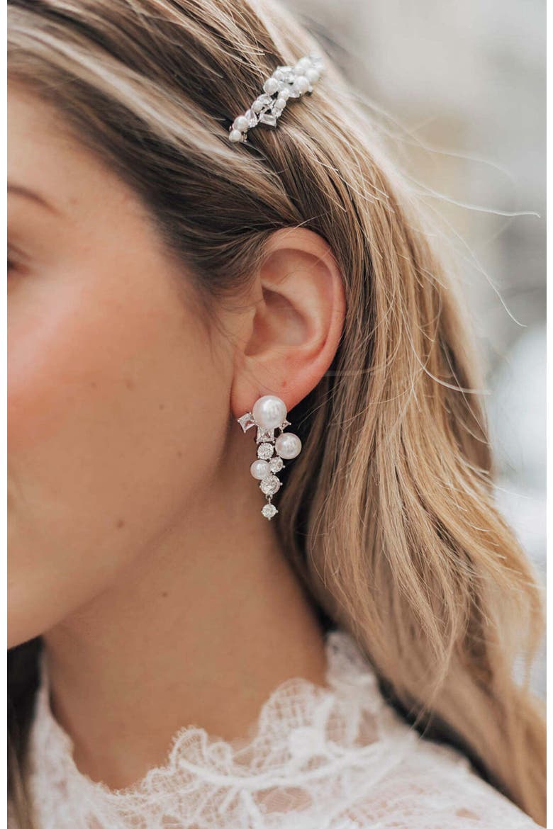 Alexandra Pearl and Crystal Drop Earrings, Alternate, color, Silver