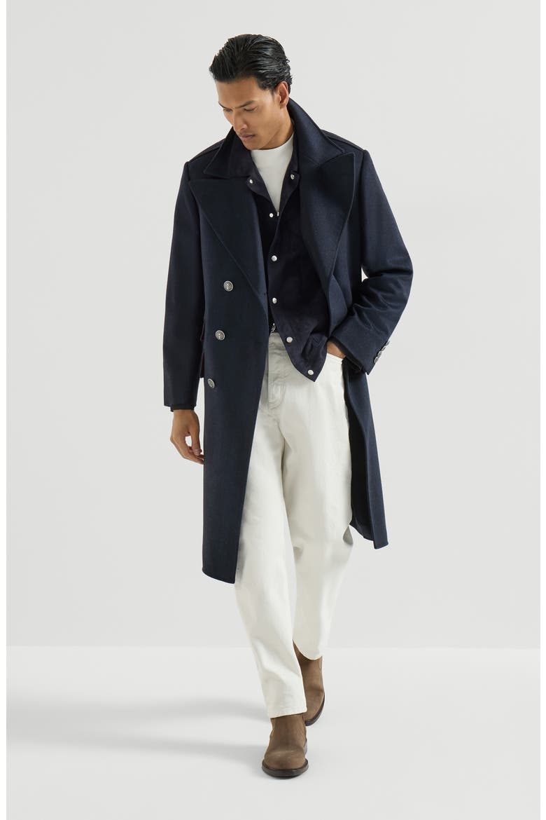 Cashmere chevron flannel one-and-a half breasted coat with peak lapels and metal buttons, Alternate, color, Navy Blue