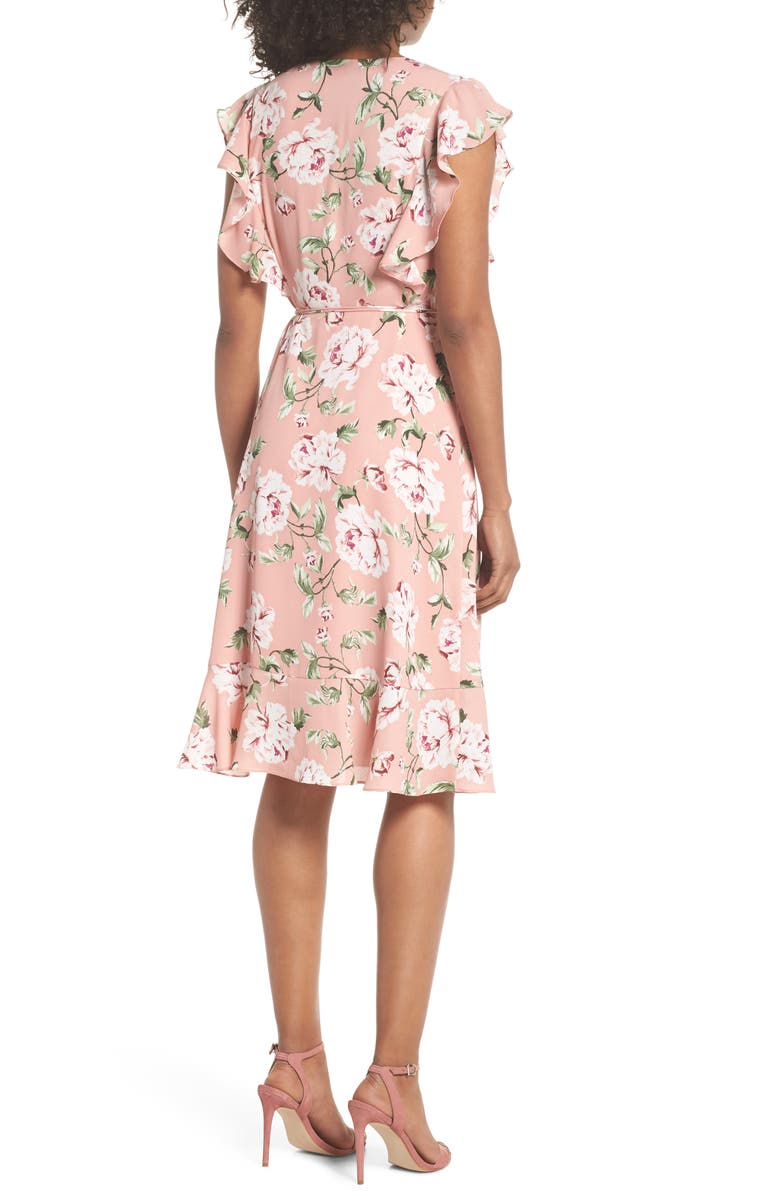 Charles Henry Ruffle Sleeve Floral Wrap Dress, Alternate, color, 