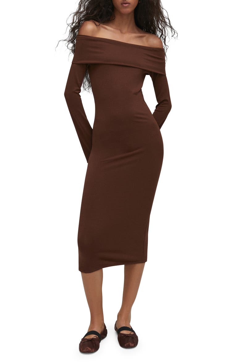Off the Shoulder Long Sleeve Body-Con Midi Dress, Main, color, CHOCOLATE