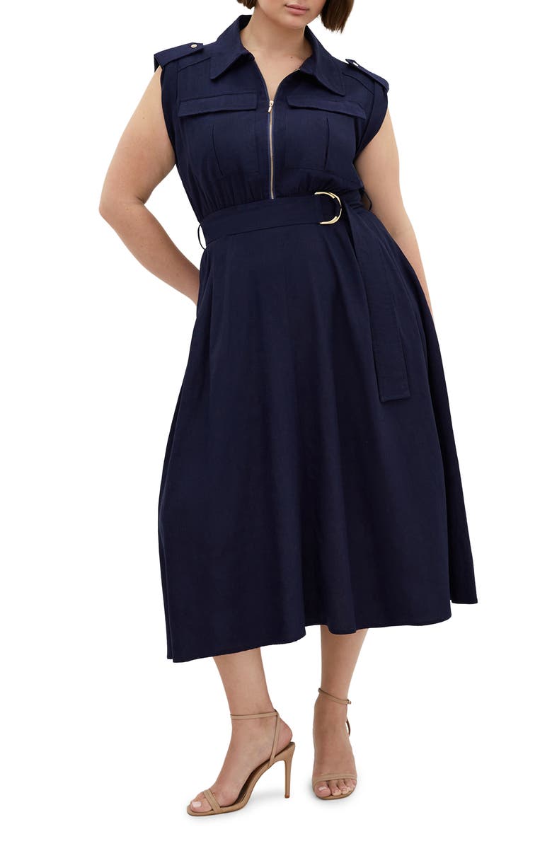 City Chic Cap Sleeve Utility Zip Midi Shirtdress, Main, color, Navy