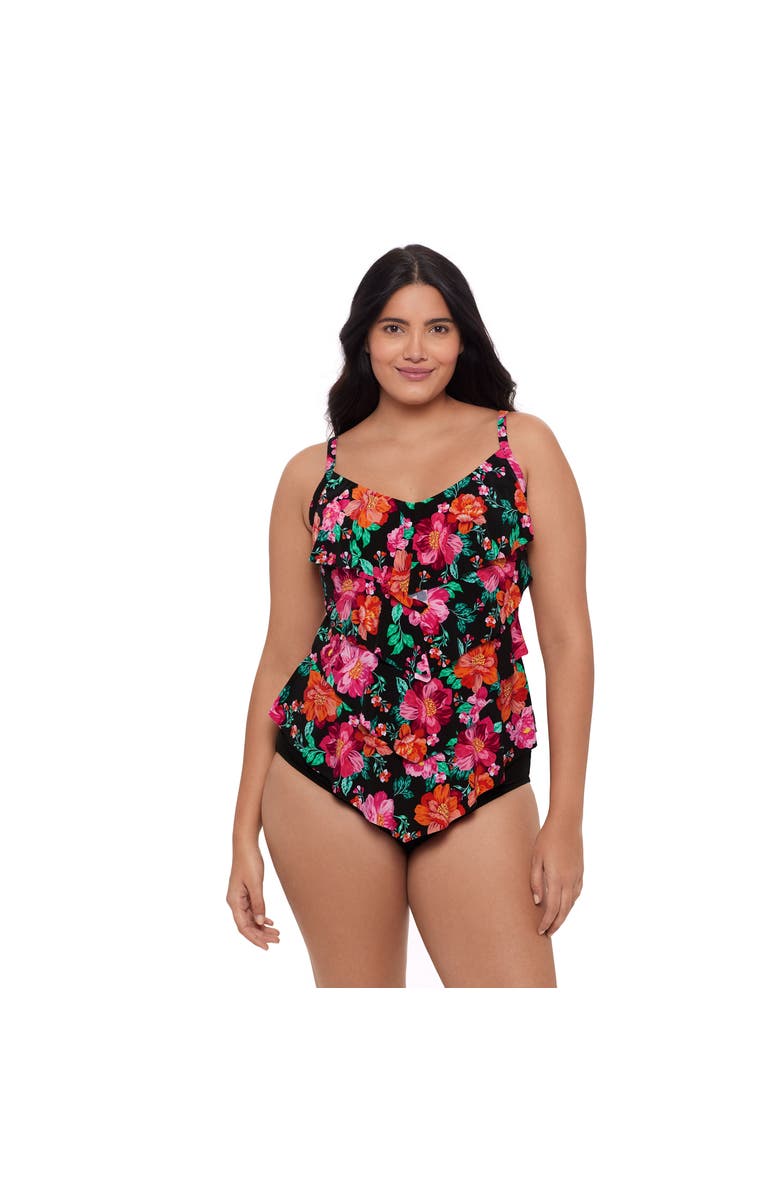Trimshaper Lena 4 Tier Ruffle Tankini Swim Top, Main, color, Hothouse Garden