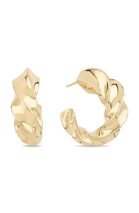 14K Gold Wide Twisted Hollow Hoop Earrings