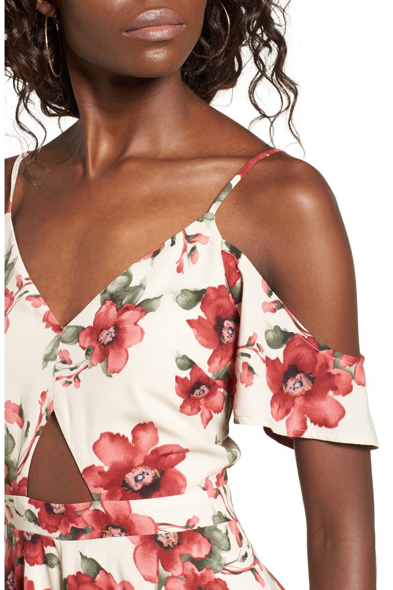 Cold Shoulder Midi Dress, Alternate, color, RED FLORAL