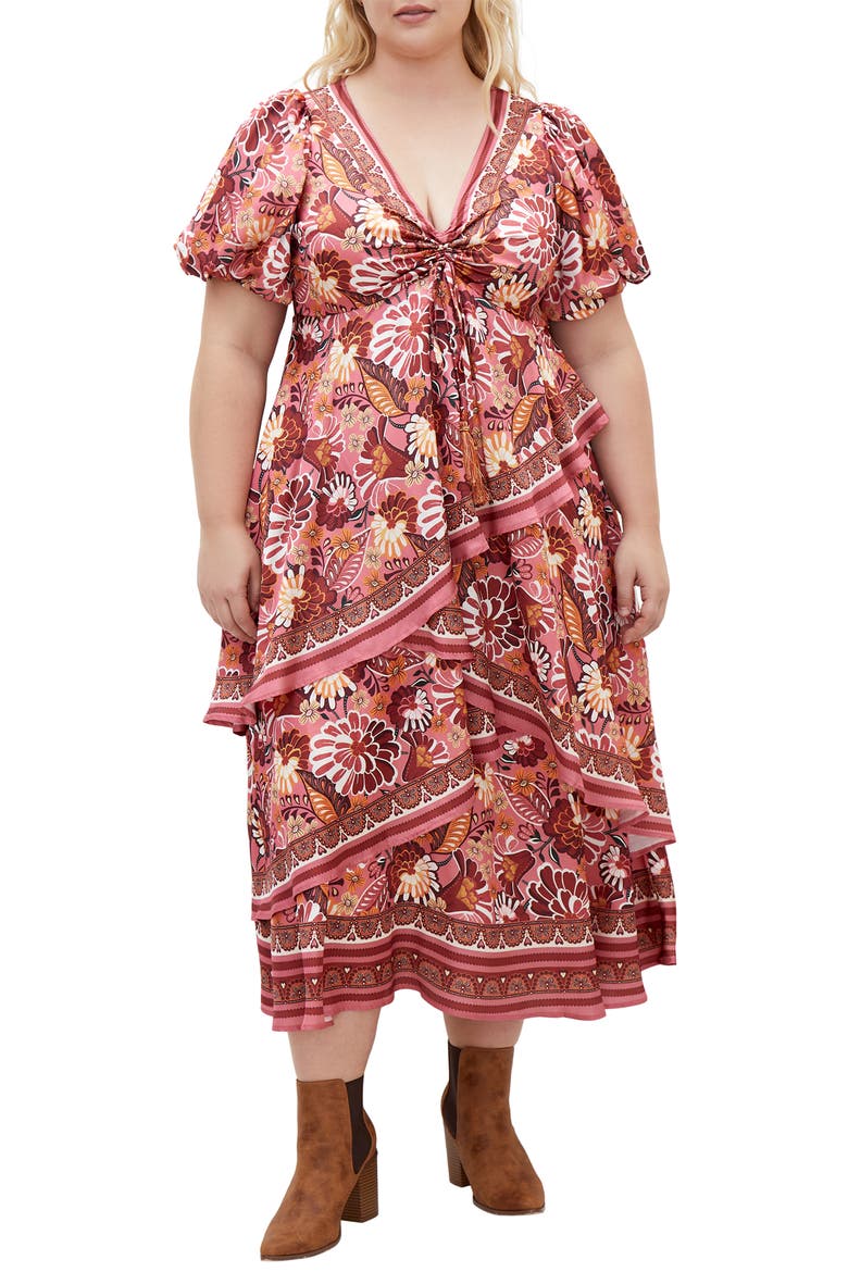 Thea Floral Tiered Puff Sleeve Midi Dress, Main, color, ROSE FLORAL