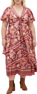 City Chic Thea Floral Tiered Puff Sleeve Midi Dress