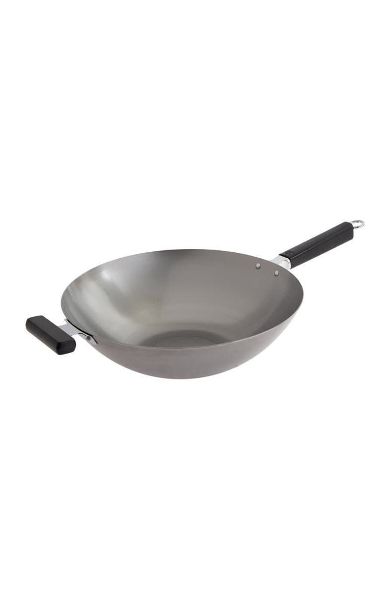 JOYCE CHEN Uncoated Carbon Steel Flat Bottom Wok with Phenolic Handles, 14-Inch, Main, color, Metallic Silver