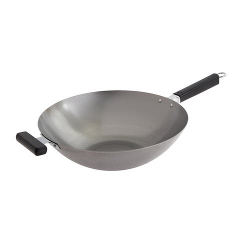 Uncoated Carbon Steel Flat Bottom Wok with Phenolic Handles, 14-Inch