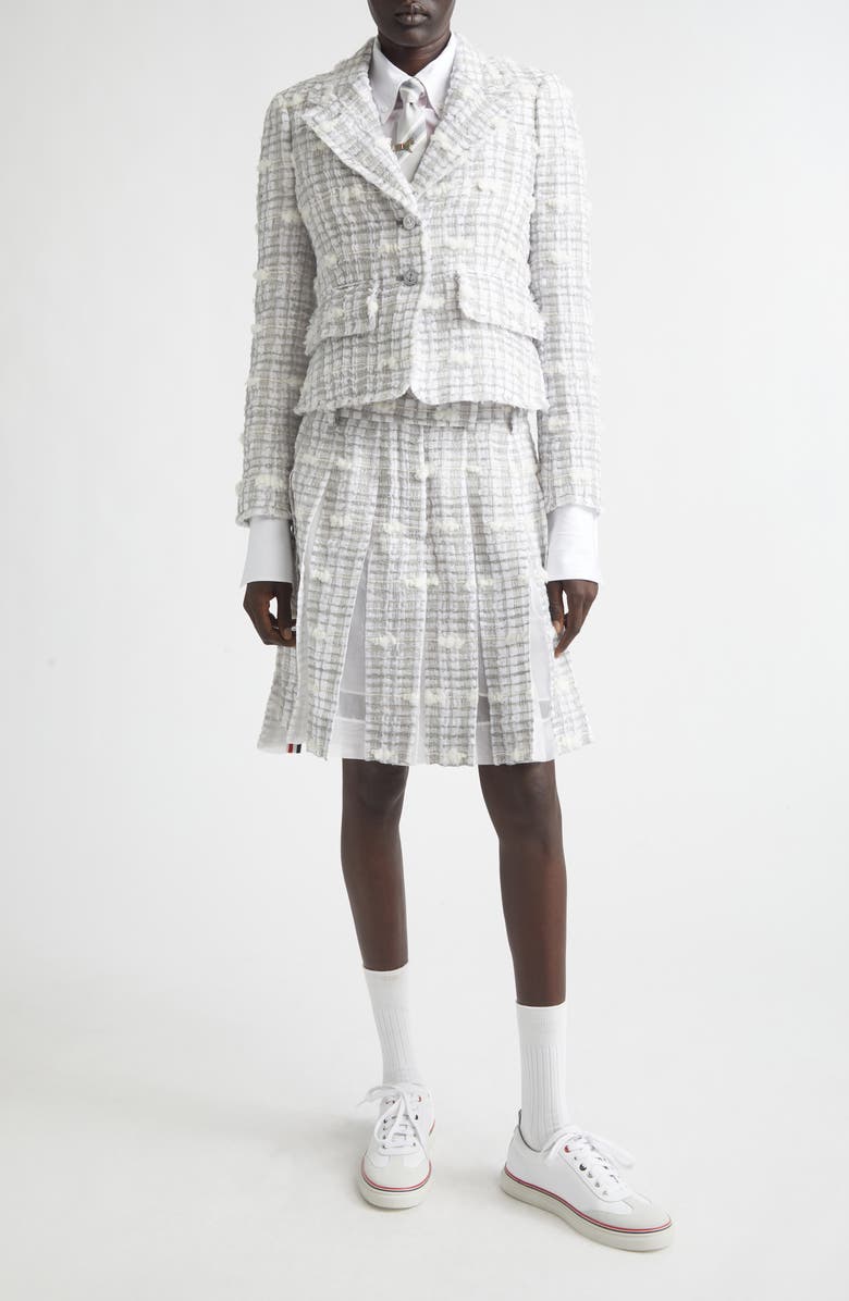 Thom Browne Crop Sculpted Shoulder Pouf Tweed Jacket, Alternate, color, Medium Grey