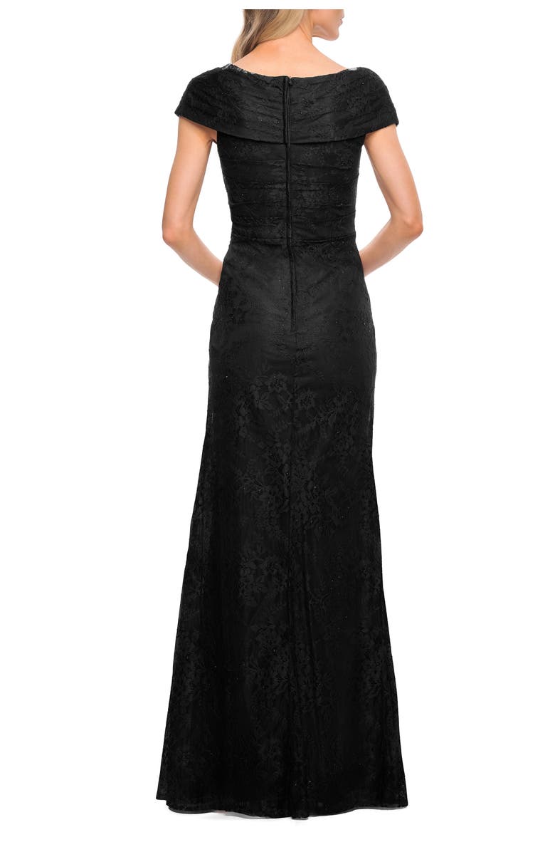 La Femme Lace Off The Shoulder Cap Sleeve Evening Dress, Alternate, color, Black