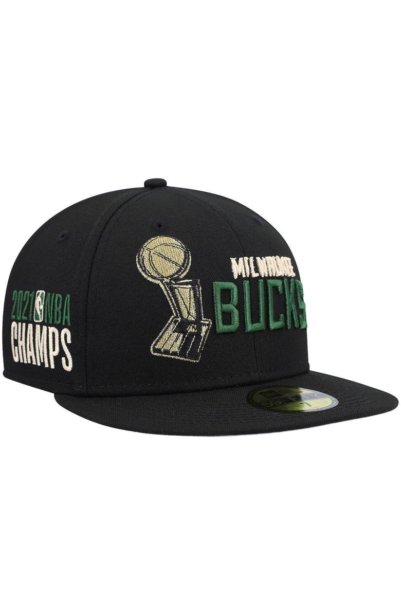 New Era Men's New Era Black Milwaukee Bucks Champs Trophy 59FIFTY Fitted Hat, Alternate, color, 