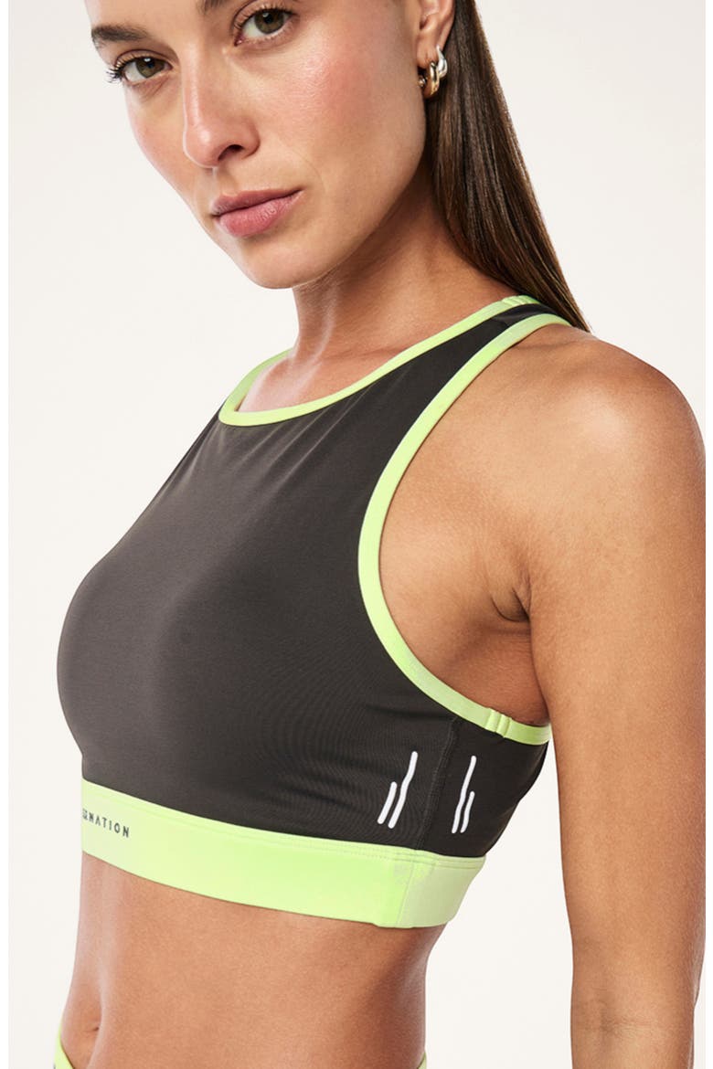Rapid High Neck Sports Bra, Alternate, color, CAVIAR/ WASHED LIME