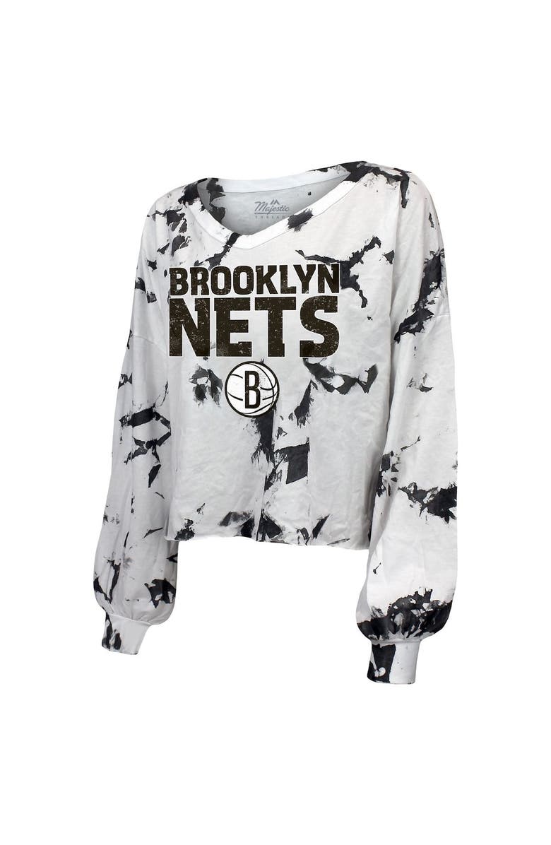 Majestic Threads Women's Majestic Threads White/Black Brooklyn Nets Aquarius Tie-Dye Cropped V-Neck Long Sleeve T-Shirt, Alternate, color, Black