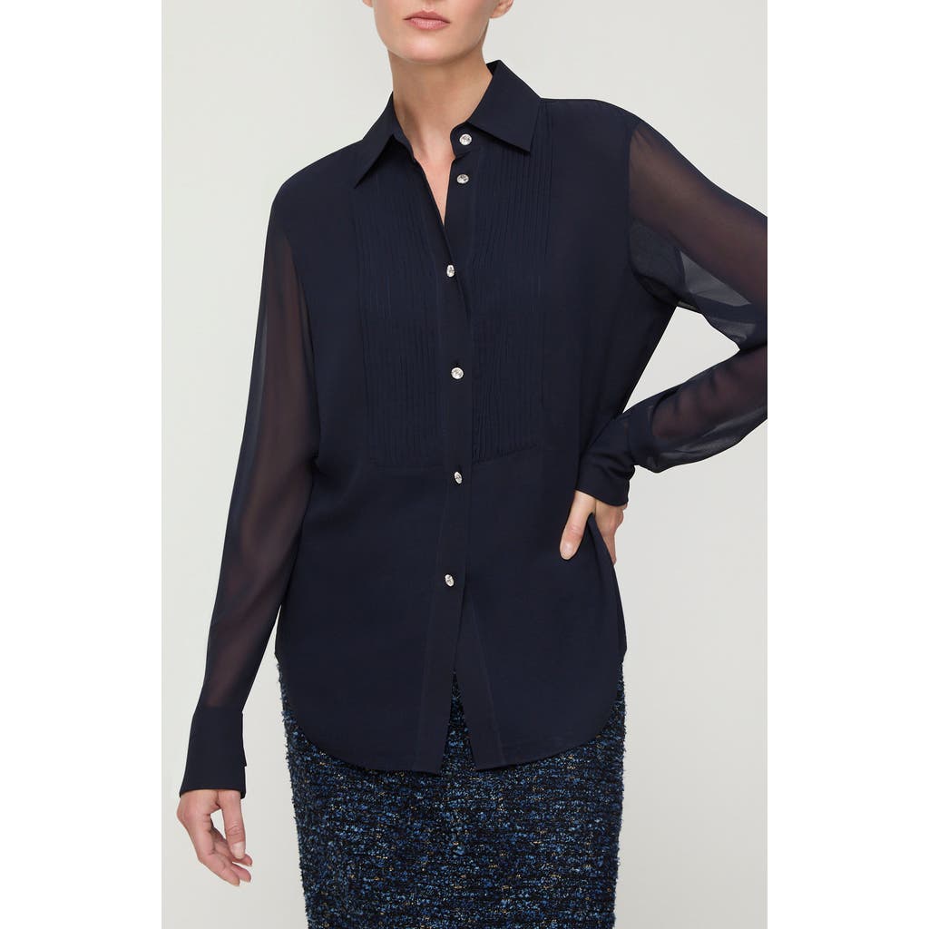 Lafayette 148 New York Pintuck Bib Silk Georgette Button-up Shirt In Black