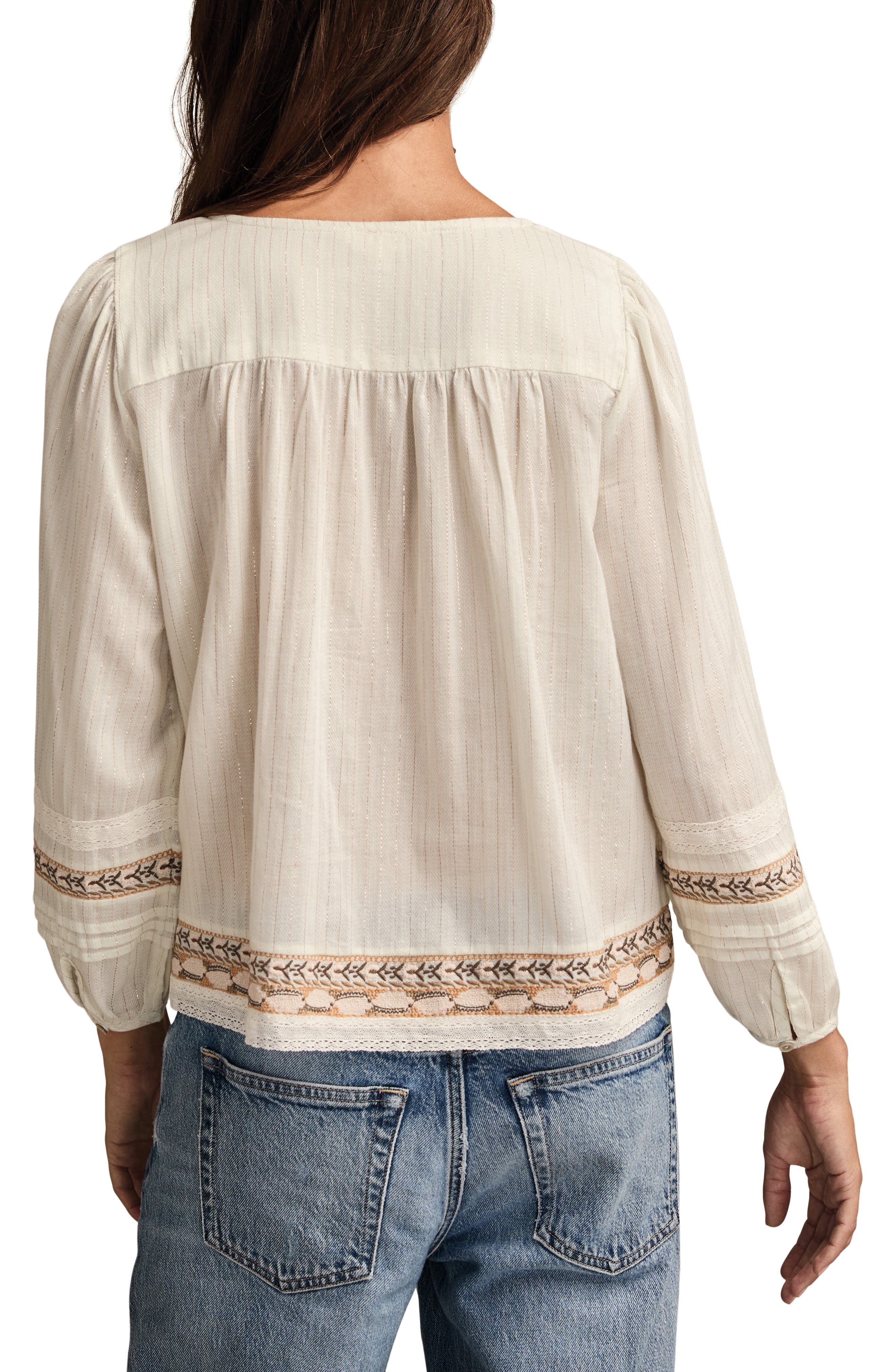 Metallic Stripe Embroidered Cotton Peasant Top - image 2