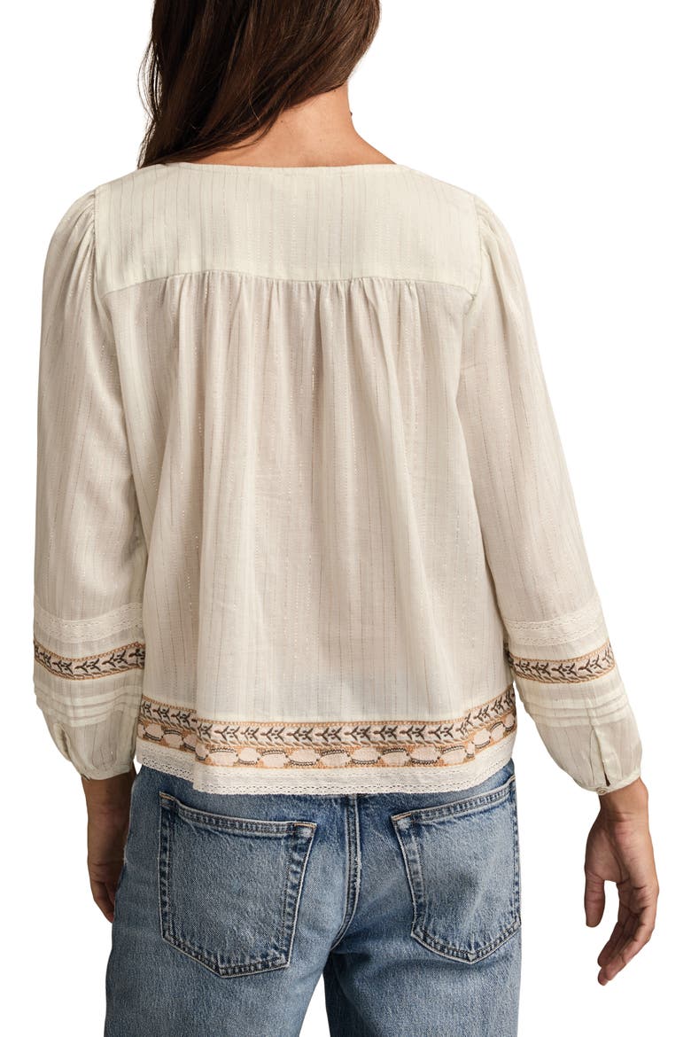 Metallic Stripe Embroidered Cotton Peasant Top, Alternate, color, AQUA BLUE